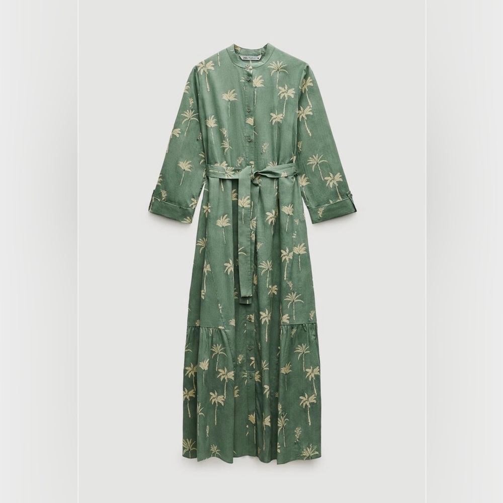ZARA GREEN ZW COLLECTION FLORAL PRINT MAXI BELTED DRESS WITH RUFFLED HEM SIZE S
